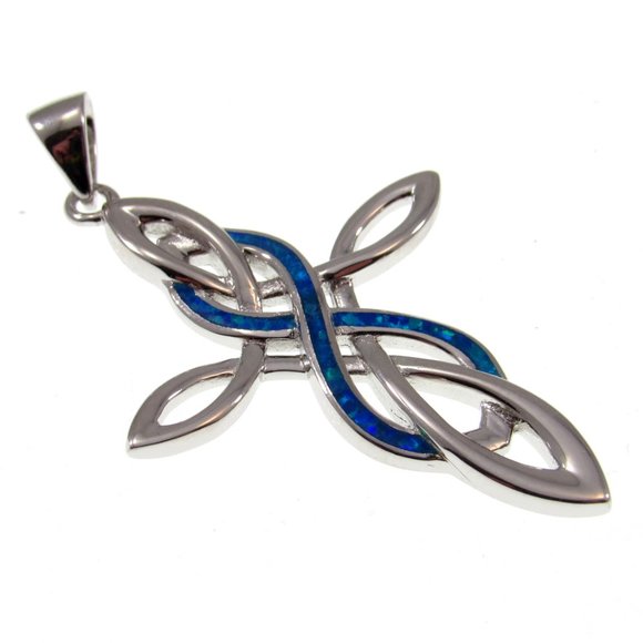 Solid 925 Sterling Silver and Blue Opal Celtic Cross & Infinity Knot Pendant - Picture 3 of 5